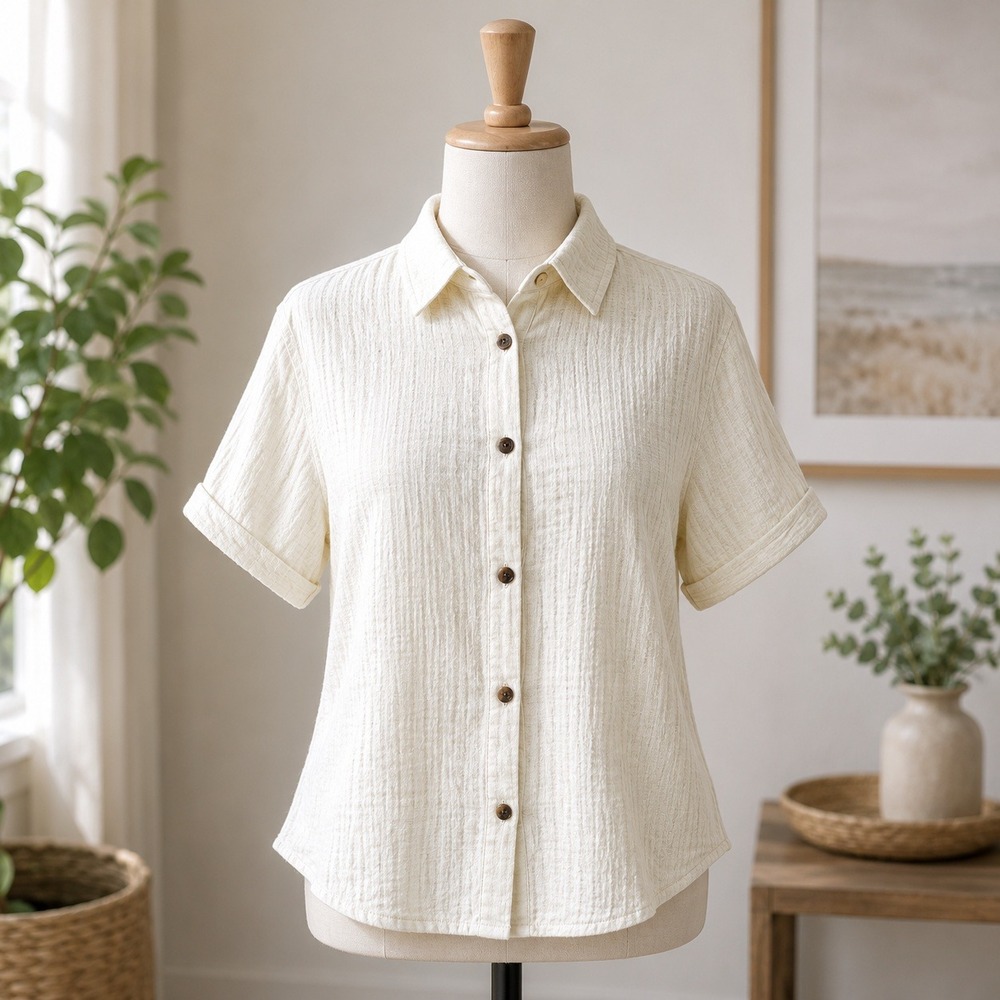 NWT Cupshe Button Down Shirt Large Cream Crinkle Short Sleeve CAA04D5A001CC